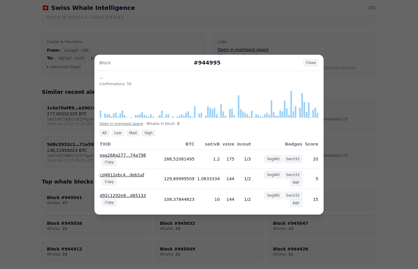 Block explorer modal showing fee histogram and whale transactions