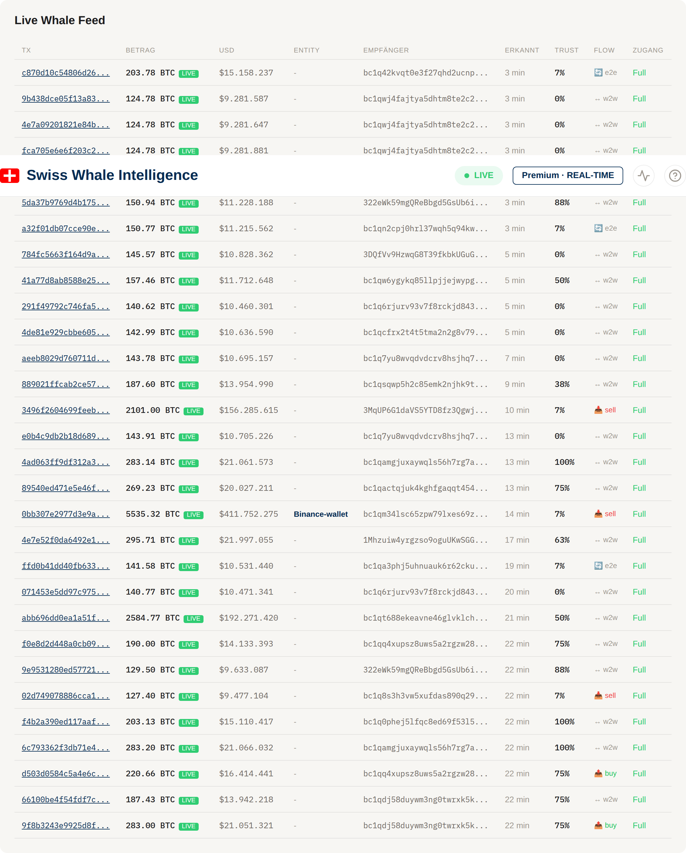 Live whale feed table with TX links and entity labels